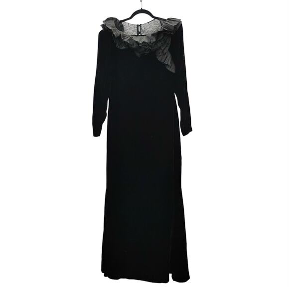 Vintage 80s Nina Ricci Velvet Lace Maxi Dress Long Sleeves Ruffle Taffeta France - Picture 1 of 9